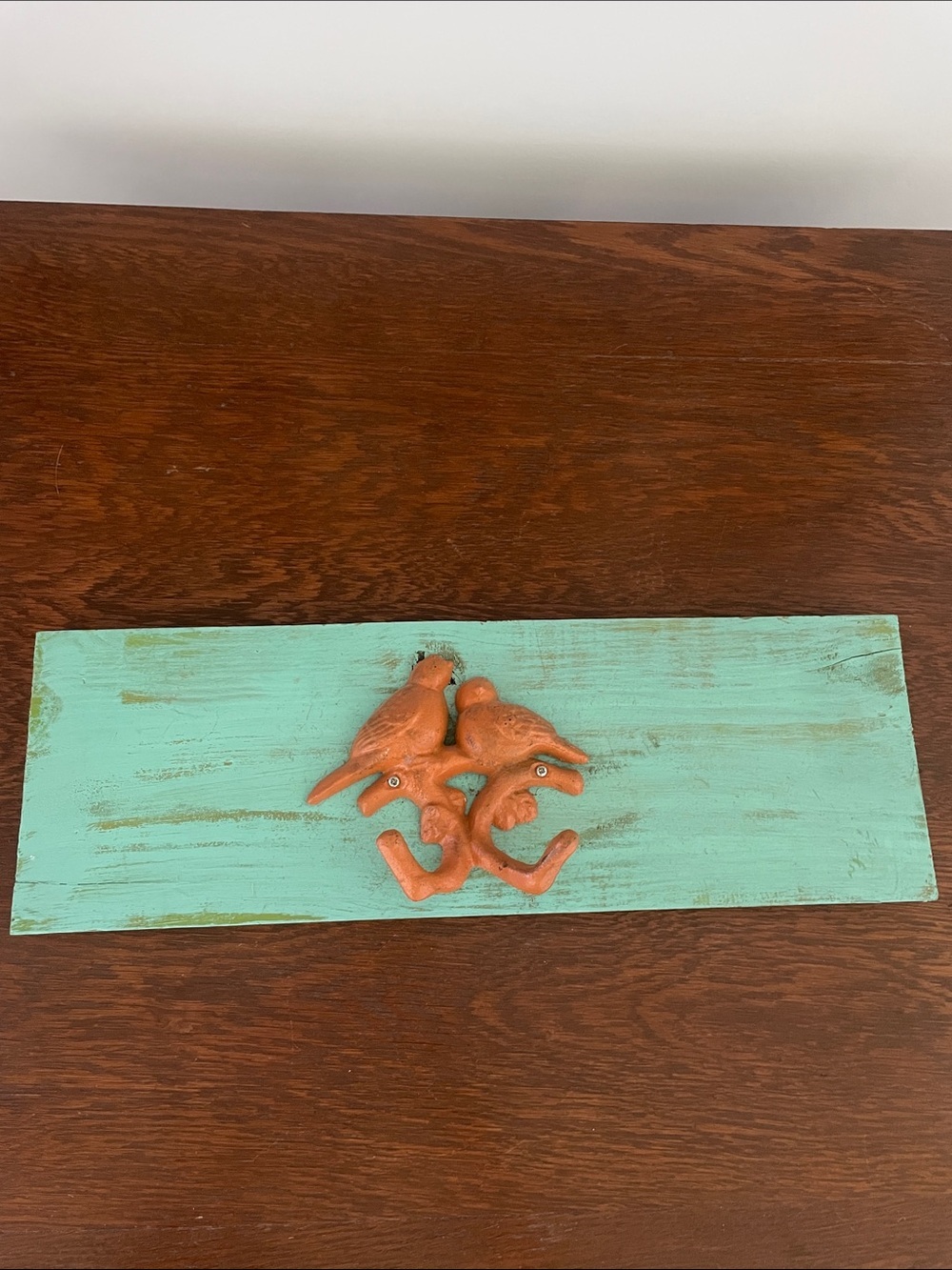 Rustic Minty color Wall Hook wood Panel with Orange Bird Hooks